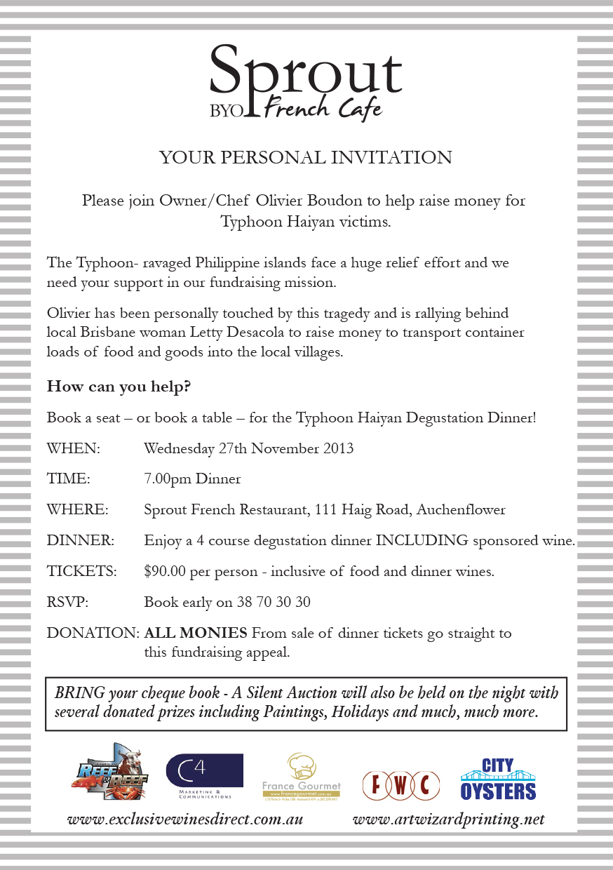 Fundraiser dinner at Brisbane’s Sprout for Typhoon Haiyan